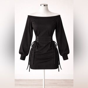 Fashion Nova Black Corset Lace-Up Long Sleeve Tunic Top Size S Adjustable Waist